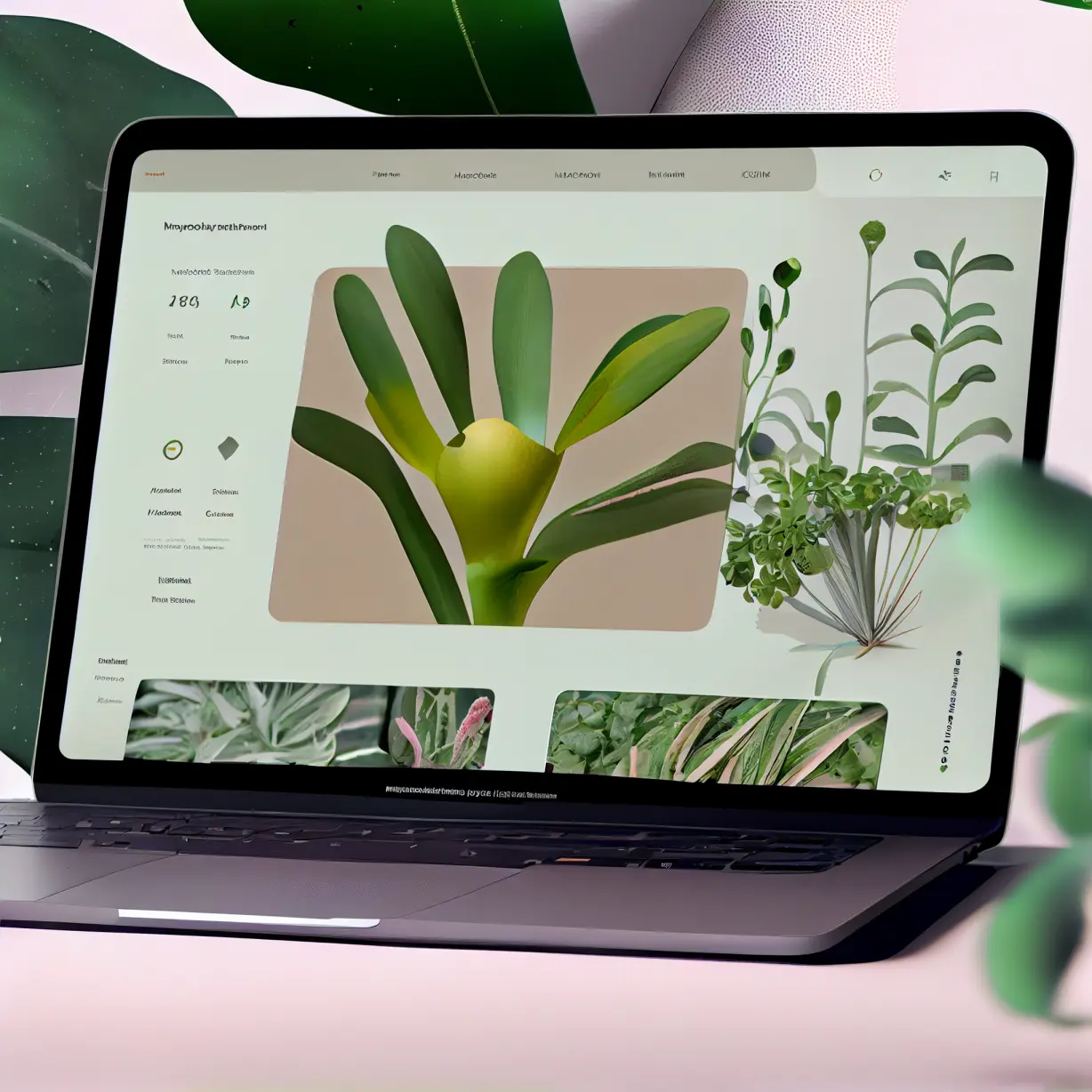 photo of macbook M1 with [with a modern user interface of plant identification app on the screen] inspired by Behance and Figma and dribbble